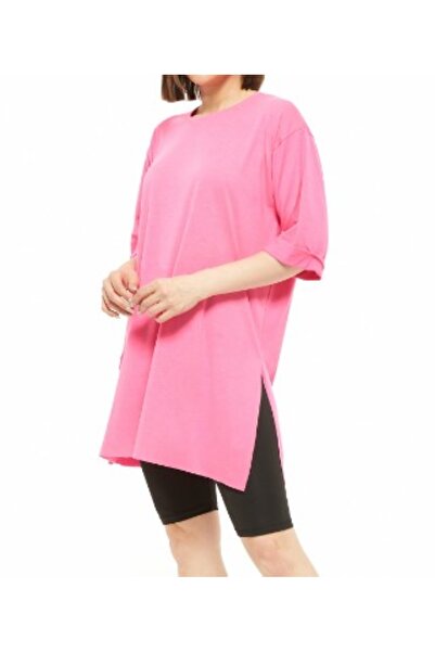 ZY BUTİK Fuchsia Oversize Short Sleeve Side Slit Tunic T-Shirt