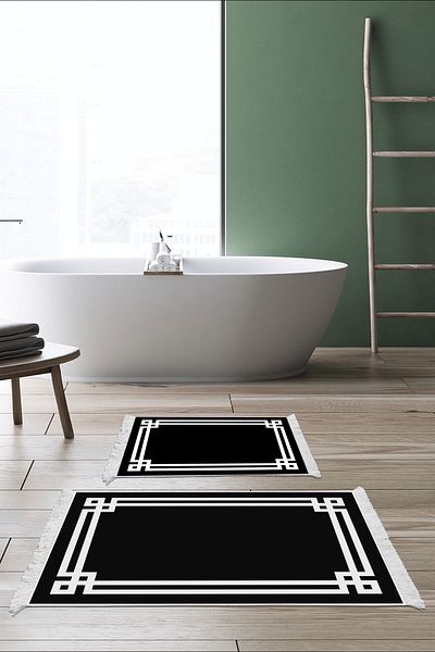 Dekoreko Digital 2-Piece Bath Mat Set Trend Felt Non-Slip Base Fringed Modern Jaz Black