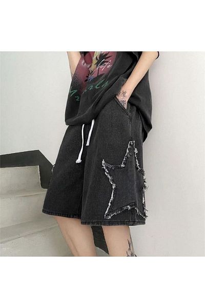 DEEFWEAR Star Streetwear Star Patch Detail Jean Shorts -mingalondon