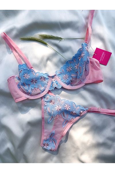 La Linaa Σετ εσώρουχα Daphne Pink Ice Blue Floral Embroidered Bra
