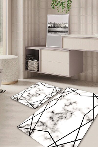 Kilimteks Marble Patterned Non-Slip Base Washable Set of 2 Bathroom Carpet Ma...