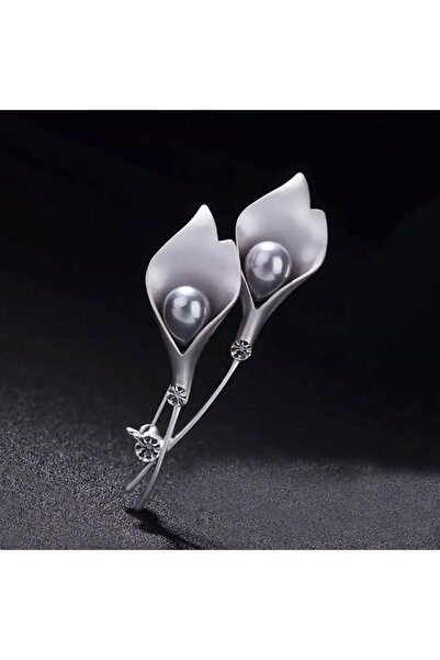 ESJ Gümüş Kaplama Inci Detay Lale Model Kadın Broş Ebat: 3,5*7 Cm