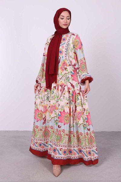 Lamia Giyim Patterned Viscose Hijab Dress Claret Red