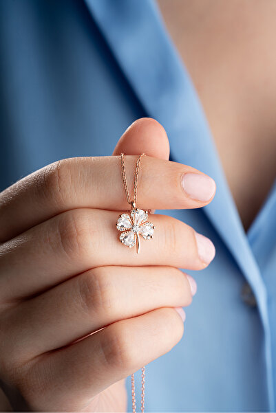 Nereze 925 Ayar Gümüş Rose Kaplama Beyaz Taşlı Dört Yapraklı Şans Yonca Kolye