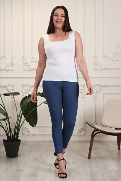 Big Love Kadın Beyaz Battal Standart Beden Kare Yaka Kalın Askılı Uzun Triko ...