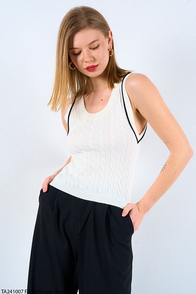 Ladyone Women's White Striped Hair Knit Tank Top