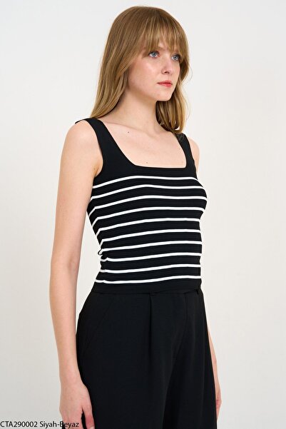 Ladyone Γυναικείο εσώρουχο με ριγέ τετράγωνο γιακά Μαύρο Λευκό Standard