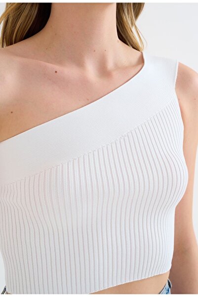 Ladyone Bluză crop pentru femei din twill - un umăr, standard