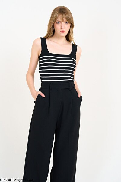 Ladyone Γυναικείο εσώρουχο με ριγέ τετράγωνο γιακά Μαύρο Λευκό Standard