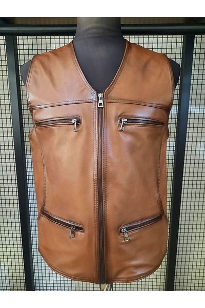 ArdaStilDeri Genuine Leather Multi-Pocket Zippered Vest