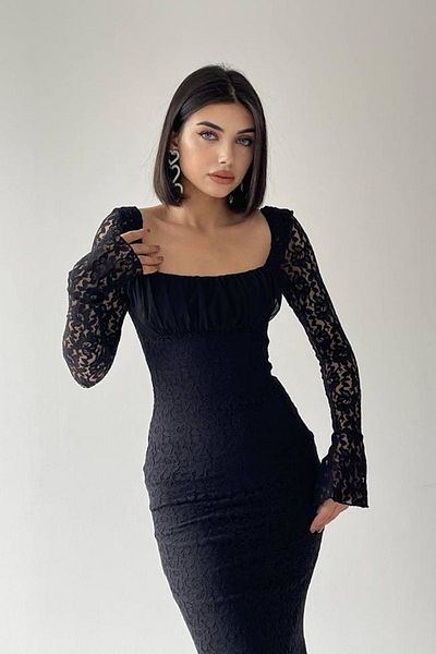 bayansepeti New Season Tulle Sleeve Midi Evening Dress - Women's Dress with Square Collar and Gathered Detail