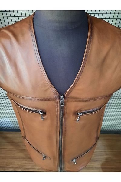 ArdaStilDeri Genuine Leather Multi-Pocket Zippered Vest