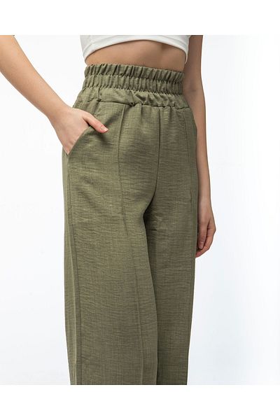 Ladyone Pantaloni din țesătură Ayrobin pentru femei, cu talie elastică, cu talie înaltă