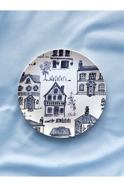 unique florya Blue Blanc Ev Desenli Duvar Tabağı Dekoratif Bahçe Balkon Mutfa...