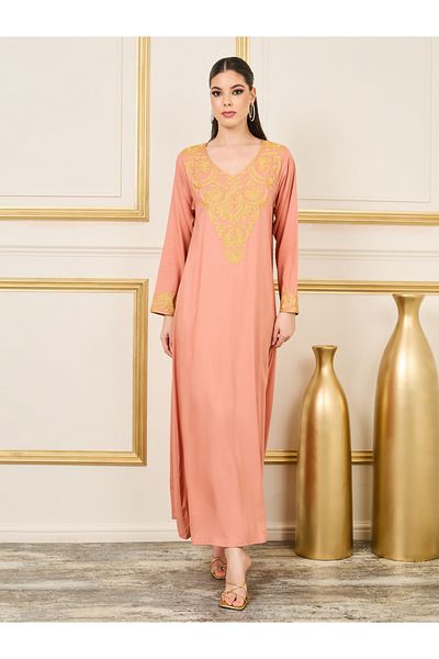 Styli Embroidered Neckline Spot AOP Jalabiya