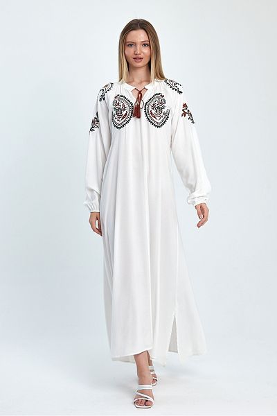 Denismoda Rochie lungă din viscoză, cu mâneci cu balon, cu broderie autentică