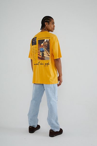 Saw Urbanity Vincent Van Gogh Oversize Yellow T-Shirt - Train on the Door of Eternity Printed with Applique Back Print