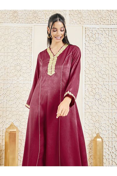 Styli Contrast Piped Embroidered Jalabiya