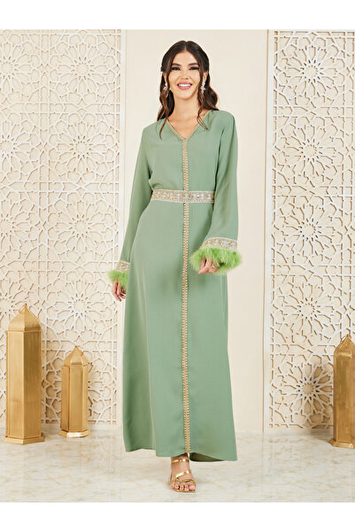 Styli Embroidered Lace Detail Faux Feather Trim Jalabiya