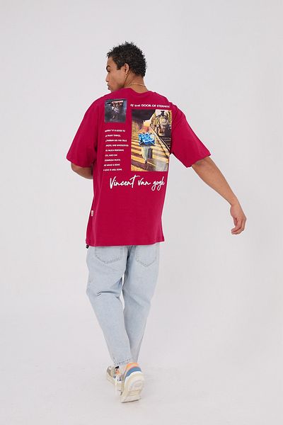 Saw Urbanity Vincent Van Gogh Red Oversize T-Shirt - Train on the Door of Eternity Printed with Applique Back Print