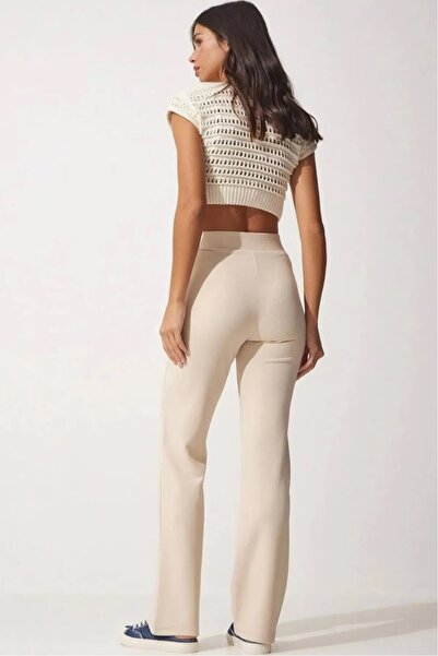 Modayıldızlar Παντελόνι Παλάτσο Κρεμ Χρωματιστό