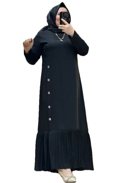 ışıltı fashion فستان قماش كريب مزين بأزرار مطوي باللون الأسود