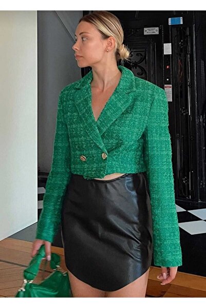One Wear Textil Kadın Yeşil Gold Düğmeli Crop Tüvit Chanel Ceket