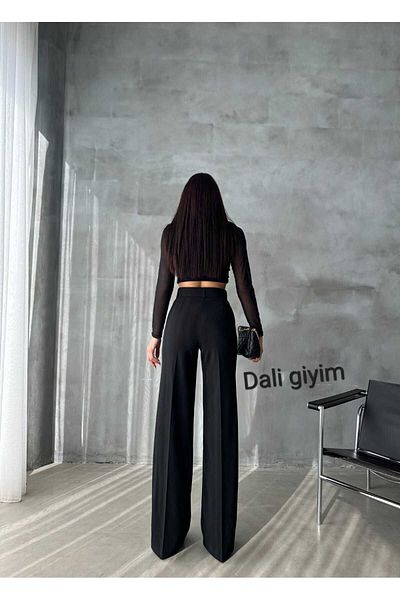 Dali Giyim Full Lycra Crepe Palazzo Trousers with Yellow Buckle Belt - Wide Leg Black