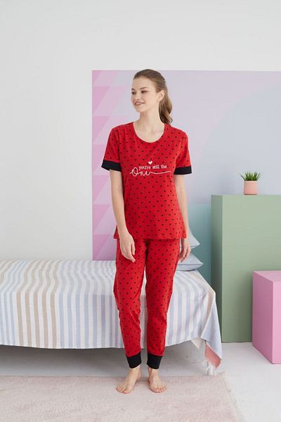 tusem butik homewear Red Heart Patterned Cotton Women's Summer Pajamas Set - Short Sleeve