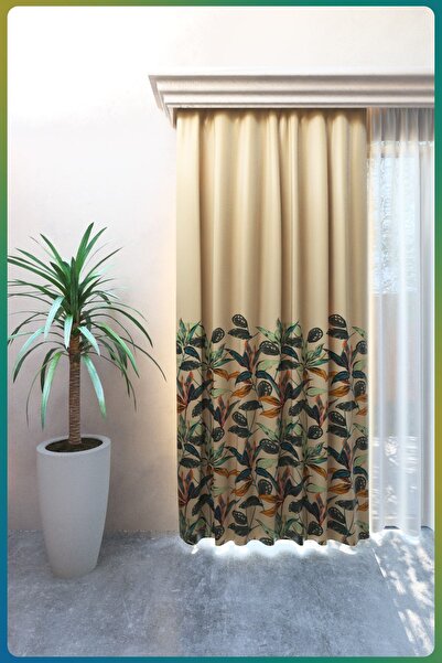 Nebumu Ithal Blackout Bury Yapraklı Bej Büzgülü Perde