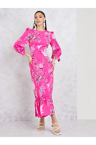 Styli Floral Print Cuffed Sleeves Shift Maxi Dress