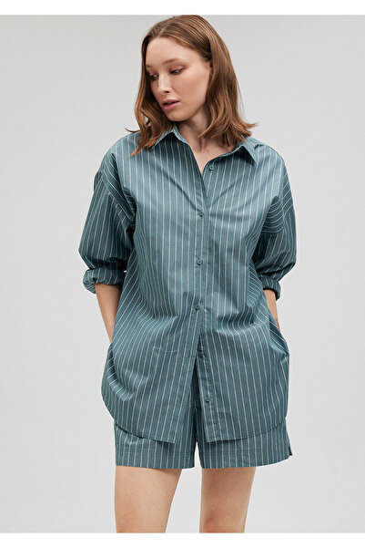 Mavi Çizgili Yeşil Gömlek Oversize / Geniş Kesim 1210421-87016