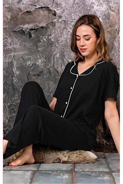 CALİA Shirt Collar Short Sleeve Pajama Set - Buttoned Front