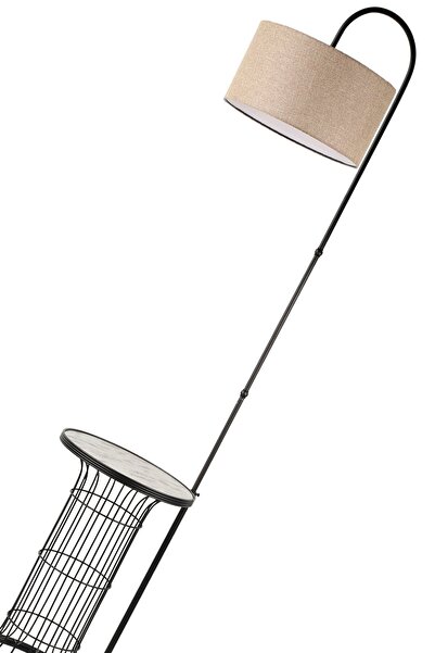 Begüsa Cemre Sehpa Lambader Siyah Mermer Ahşap Hasır Şapka