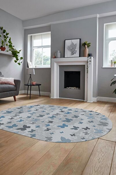 EY HOME Baskılı Kaymaz Yıkanabilir Modern Kelebek Desen Oval Yolluk Salon Halısı, O-MODERN-51-MAVİ,