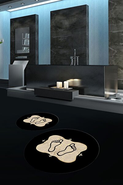 Napoli Home Ψηφιακό σετ μπάνιου με τύπωμα με αντιολισθητικό σχέδιο ποδιών, που πλένεται, στρογγυλό διπλό σετ μπάνιου, N-Y-KLOZET-20-GOLD,