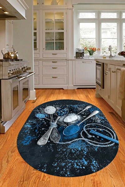 Napoli Home 3D Dijital Baskılı Kaymaz Yıkanabilir Renkli Modern Oval Mutfak Halısı, N-O-MUTFAK-19-MAVİ,