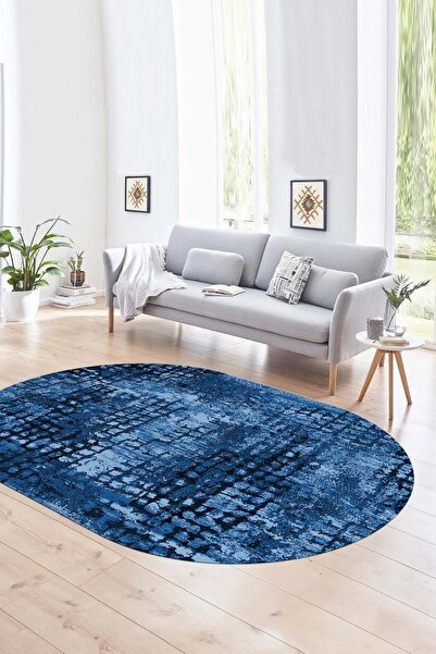 Napoli Home Dijital Baskılı Kaymaz Taban Yıkanabilir Sade Oval Yolluk Mutfak Salon Halısı, N-O-SADE-16-MAVİ,