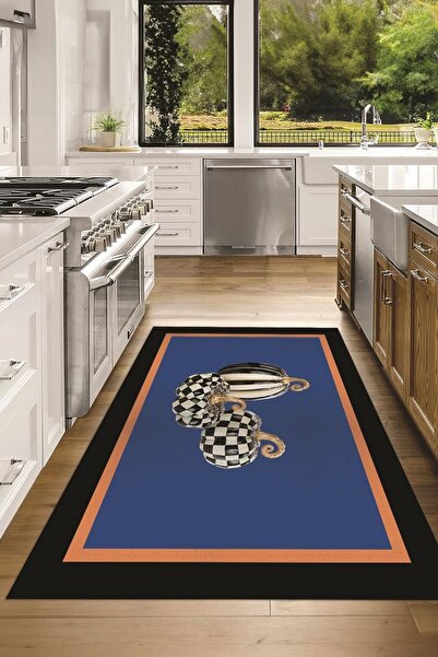Napoli Home Dijital Baskılı Kaymaz Taban Yıkanabilir Kabak Desen Mutfak Halısı, N-MUTFAK-13-MAVİ,