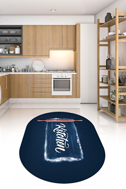 Kilimteks Dijital Baskılı Kaymaz Yıkanabilir Kitchen Yazılı Oval Mutfak Halısı, N-O-MUTFAK-28-MAVİ,