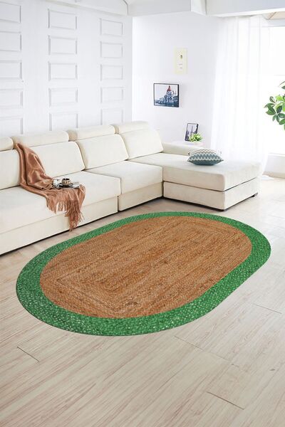 Dijital Kaymaz Yıkanabilir Jüt-Hasır Desen Oval Yolluk Mutfak Salon Halısı, N-O-JÜT-17-YEŞİL,