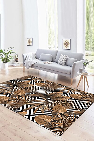 Dijital Baskılı Kaymaz Yıkanabilir Modern Desen Yolluk Mutfak Salon Halısı, N-MODERN-100-KAHVE,
