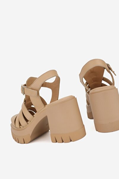 TUNAELLİ Nude Women's Leather Sandals with High Heels and Straps