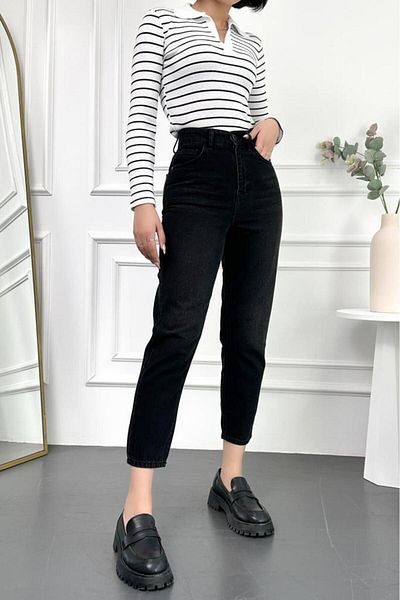 HLT JEANS Grinding Black Women&#39;s Boyfriend Jean High Waist Lycra Free 100% Cotton Jeans Mabel-ant