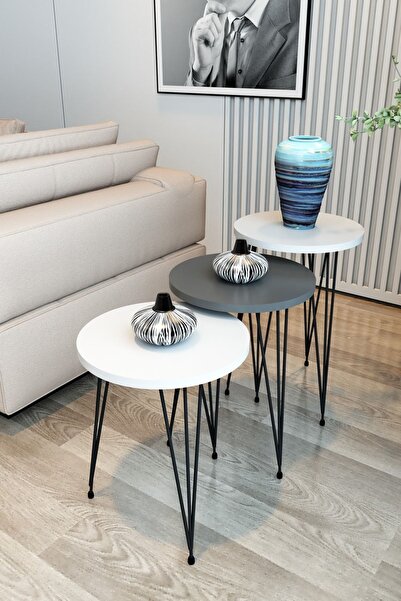 Modalanka 3'lü Zigon Sehpa Yuvarlak Model Zigon Sehpa Metal Tel Ayak Orta Sehpa