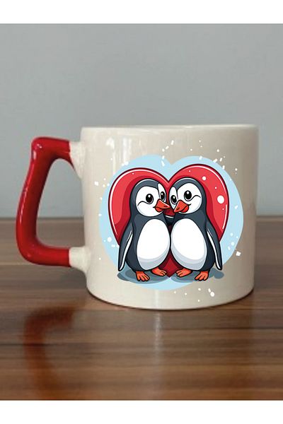 lili hediyelik Red Ceramic Tea and Coffee Cup - With Penguin and Heart, Gift Product