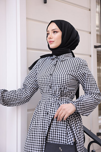 Esre Store Kare Desen Düğmeli Tesettür Elbise Siyah