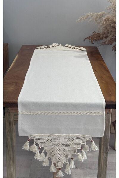 Buldan Beji Keten El Örgüsü Dantelli Runner 45×150 Cm