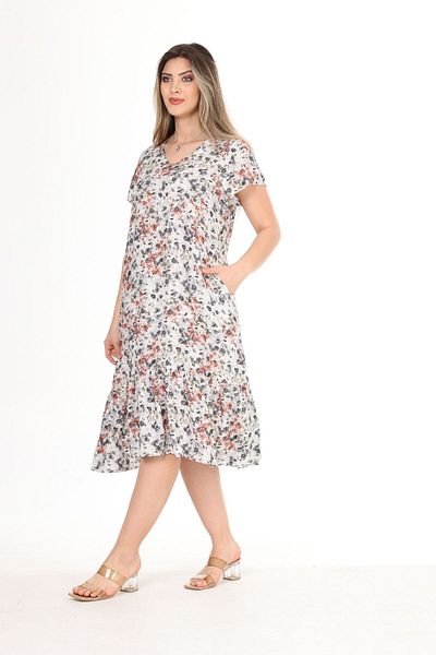 Eceyaman moda Light Gray V-Neck Floral Patterned Ruffle Women's Dress