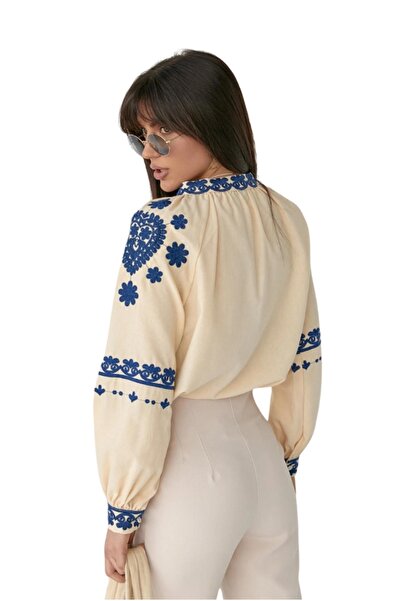 Cassime Γυναικεία Μπλε Λουλούδι Κεντημένη Vintage Μπεζ Βαμβακερή Μπλούζα